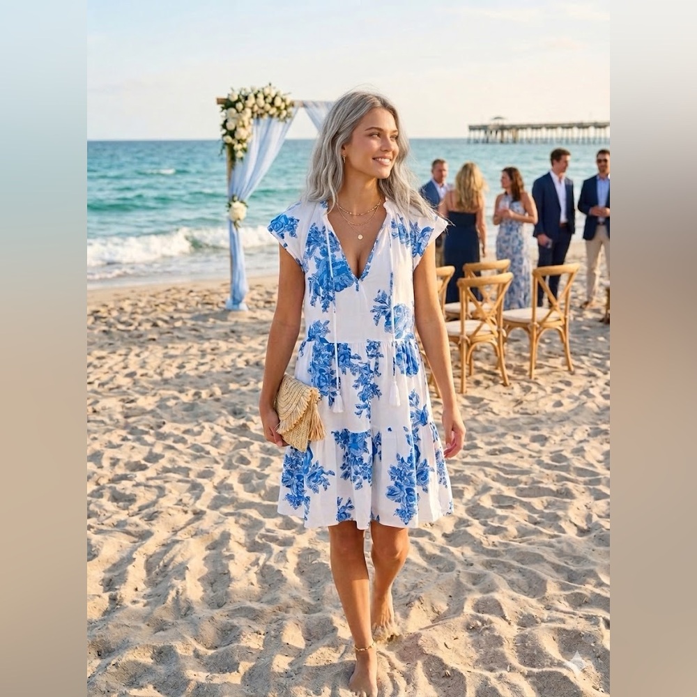 Cece White Midi Dress with Blue Floral Print Linen Blend Size M